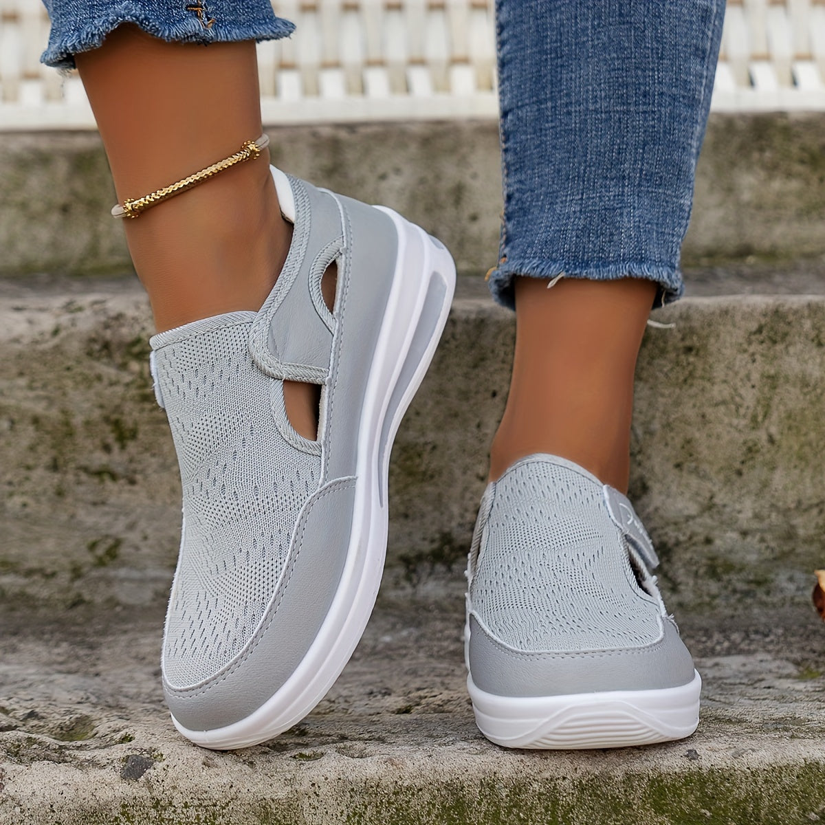 Baskets de couleur unie pour femmes - Chaussures d’extérieur basses en tricot respirant