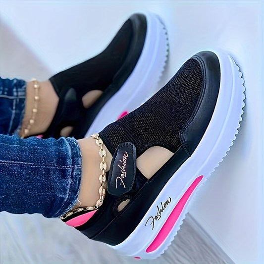 Baskets de couleur unie pour femmes - Chaussures d’extérieur basses en tricot respirant